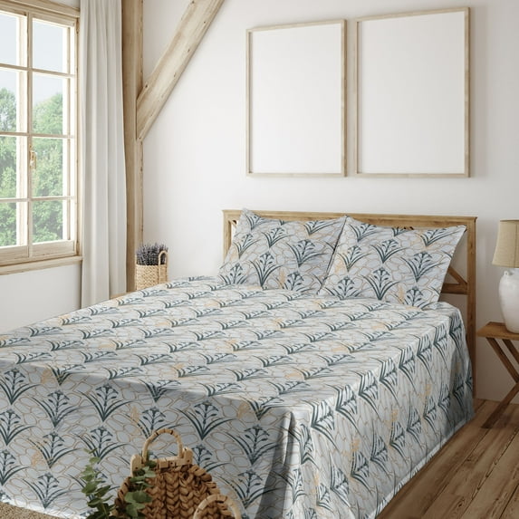 Ambesonne Art Deco Fitted & Flat Sheet with Sham 3 Pcs Set, Simple Blossom Nostalgia, Twin XL, Emerald Warm Taupe Dust