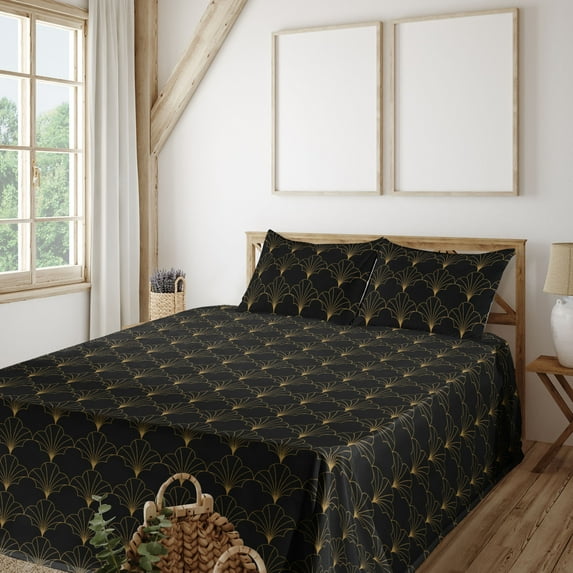 Ambesonne Art Deco Fitted & Flat Sheet with Shams 4 Pcs Set, Black Vintage Line Shells, King, Black and Sand Brown