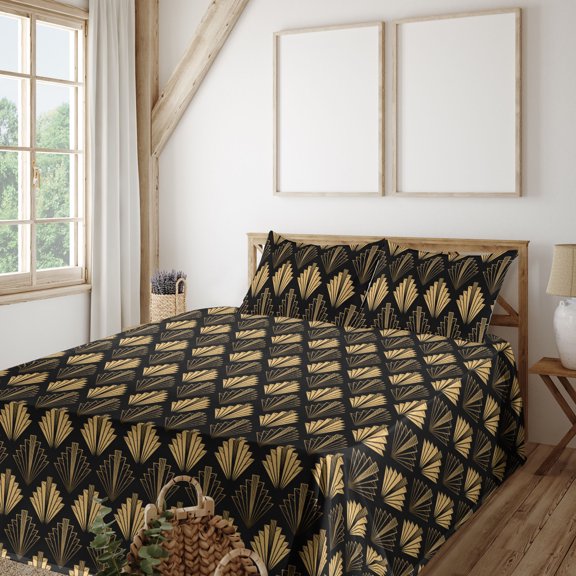 Ambesonne Art Deco Fitted & Flat Sheet with Shams 4 Pcs Set, Geometric Repetition Print, King, Pale Mustard and Dark Grey