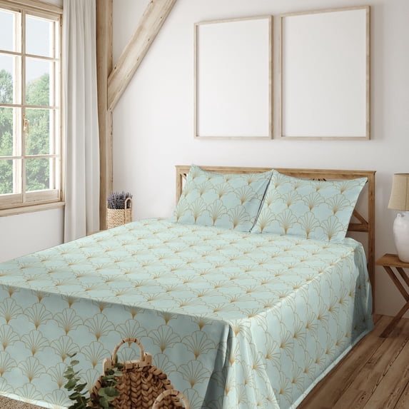 Ambesonne Art Deco Fitted & Flat Sheet with Shams 4 Pcs Set, Minty Vintage Line Shells, Full, Mint Green Sand Brown