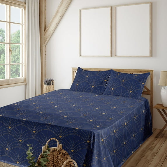 Ambesonne Art Deco Fitted & Flat Sheet with Shams 4 Pcs Set, Navy Blue Classic Scales, Calking, Navy Blue Sand Brown