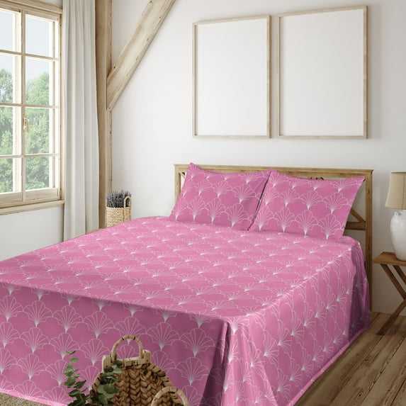 Ambesonne Art Deco Fitted & Flat Sheet with Shams 4 Pcs Set, Pink White Vintage Shells, Calking, Pink and White
