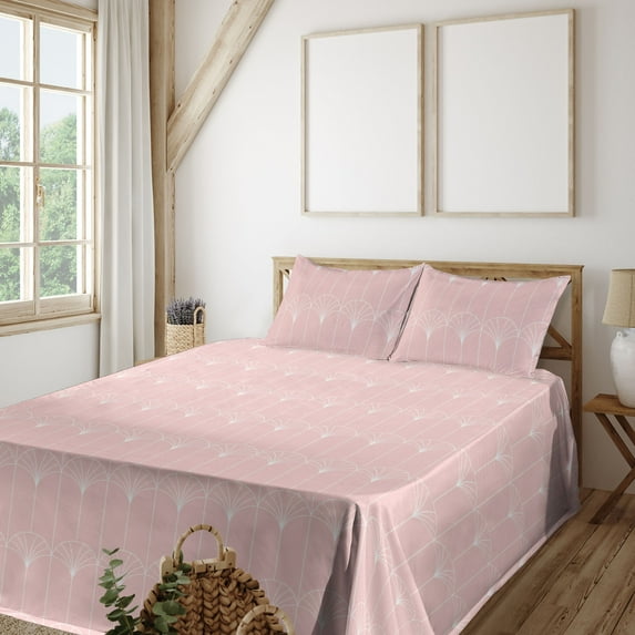 Ambesonne Art Deco Fitted & Flat Sheet with Shams 4 Pcs Set, Rose Simple Vintage Motif, Calking, Rose White