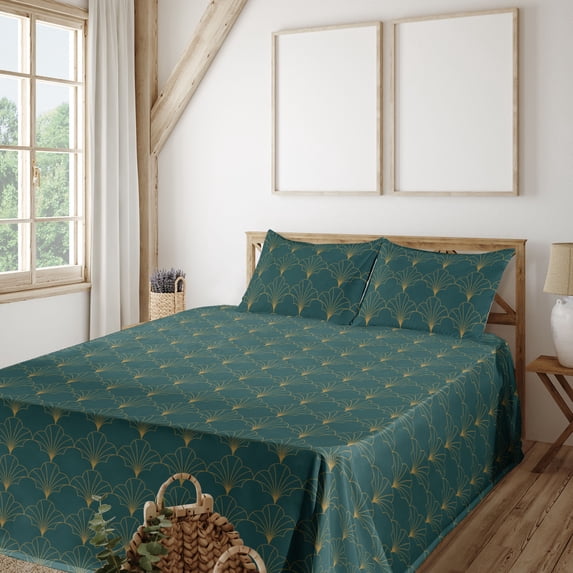 Ambesonne Art Deco Fitted & Flat Sheet with Shams 4 Pcs Set, Teal Vintage Line Shells, Calking, Teal and Sand Brown