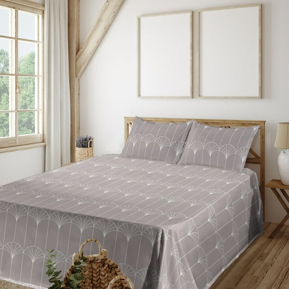 Ambesonne Art Deco Fitted & Flat Sheet with Shams 4 Pcs Set, Warm Taupe Vintage Motif, Calking, Warm Taupe and White