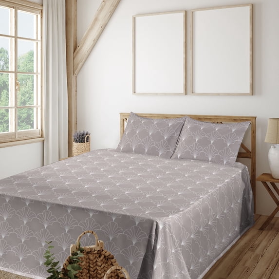 Ambesonne Art Deco Fitted & Flat Sheet with Shams 4 Pcs Set, Warm Taupe Vintage Shells, Calking, Warm Taupe and White