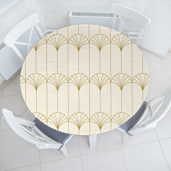 Ambesonne Art Deco Fitted Round Tablecloth, Eggshell Simple Vintage, 36"- 40" Diameter, Eggshell and Sand Brown