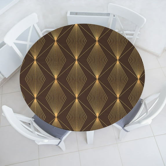 Ambesonne Art Deco Fitted Round Tablecloth, Minimalist Square Print, 40"- 44" Diameter, Apricot and Chocolate