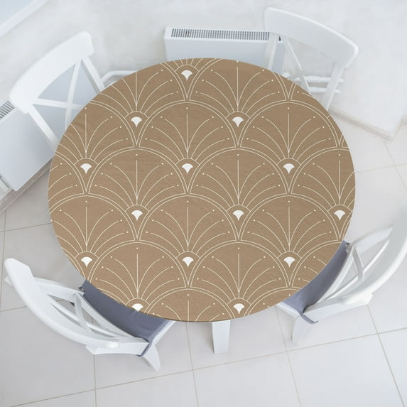 Ambesonne Art Deco Fitted Round Tablecloth, Pale Brown Classic Scales, 40"- 44" Diameter, Pale Brown and White