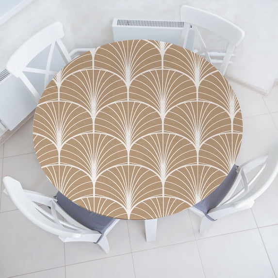 Ambesonne Art Deco Fitted Round Tablecloth, Pale Brown Semi Circles, 45"- 56" Diameter, Pale Brown and White