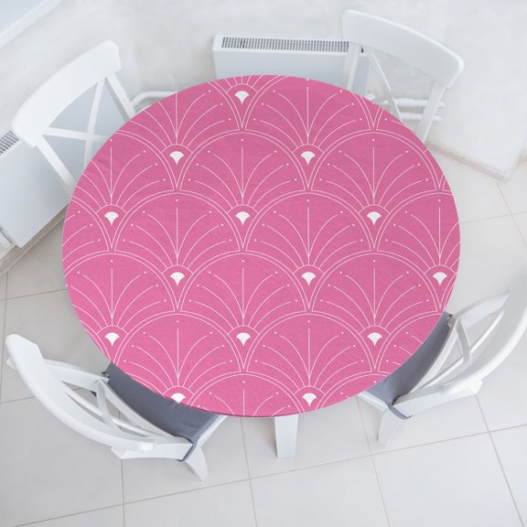 Ambesonne Art Deco Fitted Round Tablecloth, Pink Color Classic Scales, 56"- 60" Diameter, Pink and White