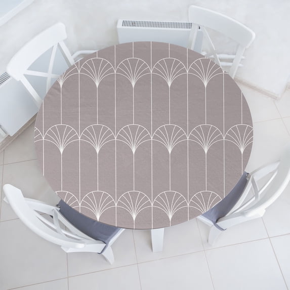 Ambesonne Art Deco Fitted Round Tablecloth, Warm Taupe Vintage Motif, 45"- 56" Diameter, Warm Taupe and White