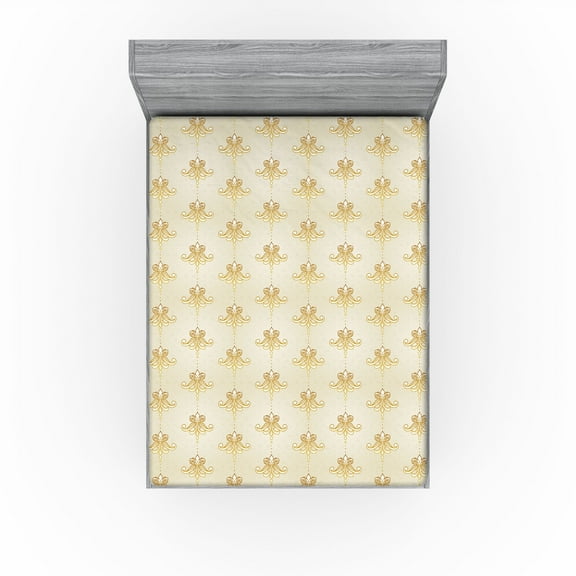 Ambesonne Art Deco Fitted Sheet, Abstract Pattern Floral, Queen Size, Eggshell and Dark Mustard