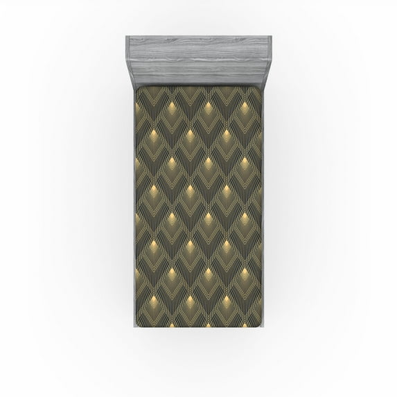 Ambesonne Art Deco Fitted Sheet, Geometric Retro Square Art, Twin XL Size, Dark Grey and Mustard
