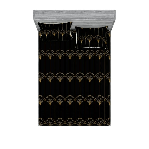 Ambesonne Art Deco Fitted Sheet & Pillow Sham Set, Black Simple Vintage Motif, Full, Black and Sand Brown