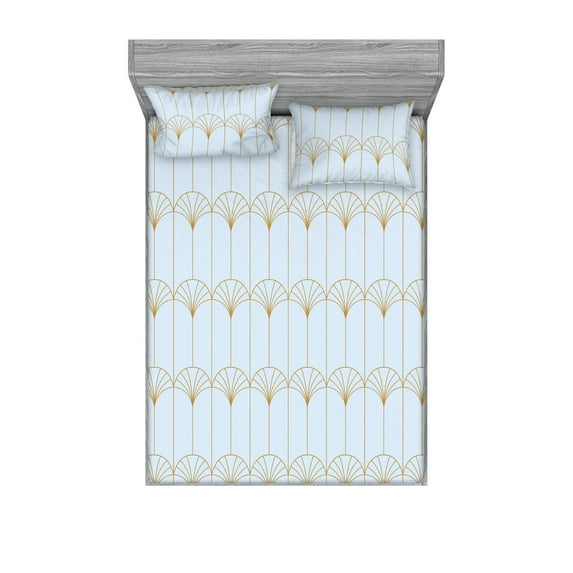 Ambesonne Art Deco Fitted Sheet & Pillow Sham Set, Blue Simple Vintage Motif, King, Pale Blue and Sand Brown