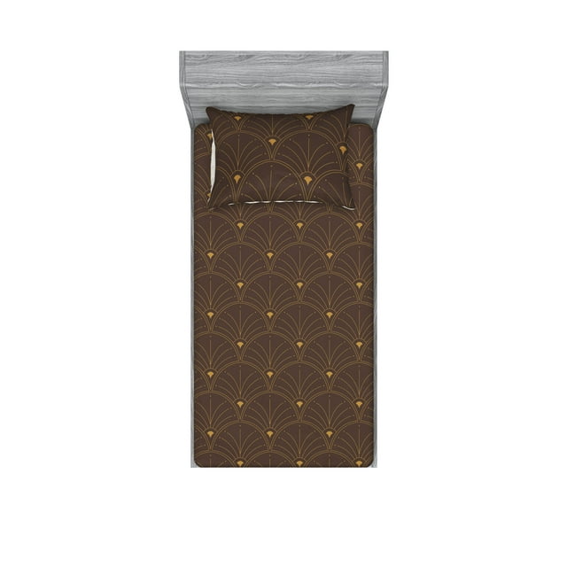 Ambesonne Art Deco Fitted Sheet & Pillow Sham Set, Dark Brown Classic Scales, Twinxl, Dark Brown Sand Brown