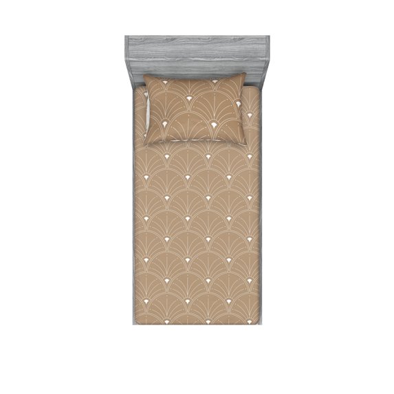 Ambesonne Art Deco Fitted Sheet & Pillow Sham Set, Pale Brown Classic Scales, Twinxl, Pale Brown and White