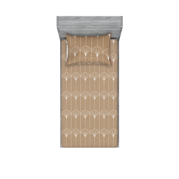 Ambesonne Art Deco Fitted Sheet & Pillow Sham Set, Pale Brown Vintage Motif, Twinxl, Pale Brown and White