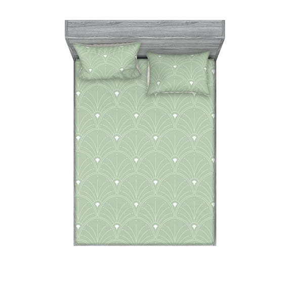 Ambesonne Art Deco Fitted Sheet & Pillow Sham Set, Pale Green Classic Scales, King, Pale Green and White