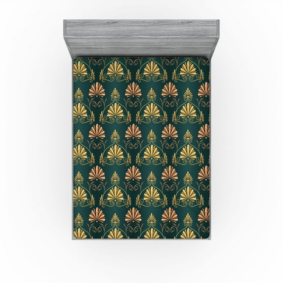 Ambesonne Art Deco Fitted Sheet, Shell Curlicue Vintage Art, King Size, Salmon Earth Yellow