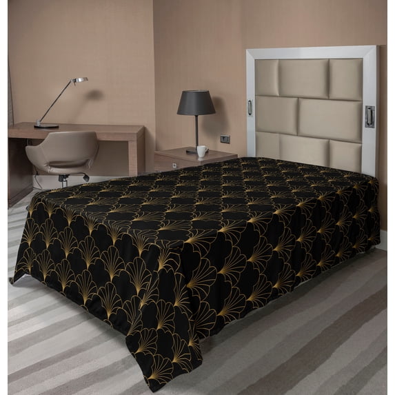 Ambesonne Art Deco Flat Bedding Sheet Soft Top Sheet, Black Vintage Line Shells, Twin, Black and Sand Brown