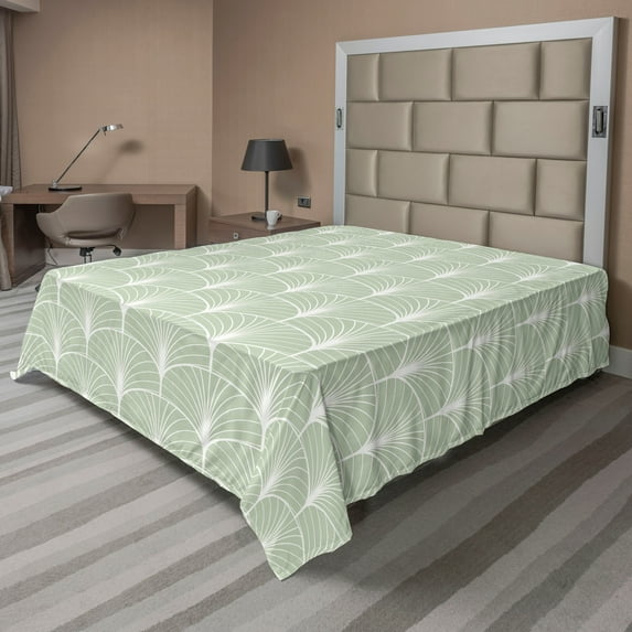 Ambesonne Art Deco Flat Bedding Sheet Soft Top Sheet, Green Geometric Circles, King, Pale Green and White
