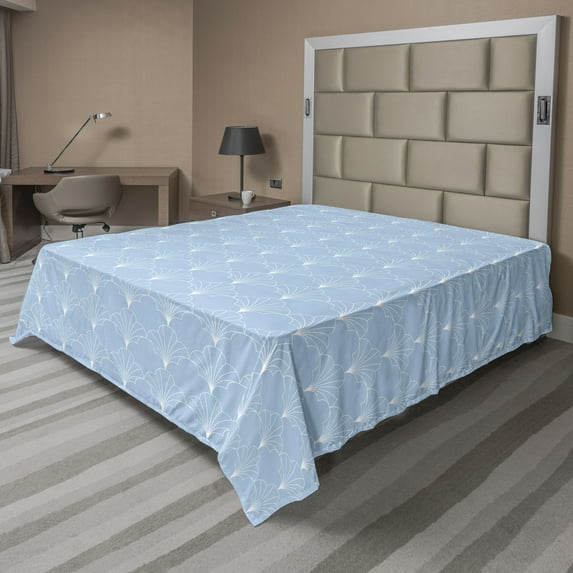 Ambesonne Art Deco Flat Bedding Sheet Soft Top Sheet, Pale Blue Vintage Shells, King, Pale Blue and White