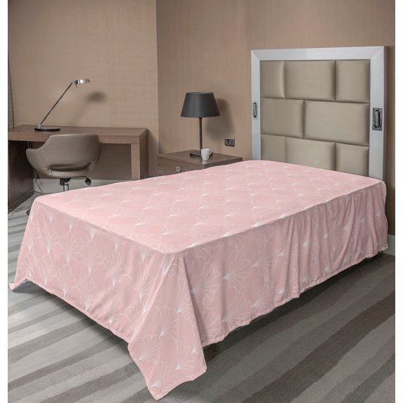 Ambesonne Art Deco Flat Bedding Sheet Soft Top Sheet, Rose Vintage Line Shells, Twin, Rose and White
