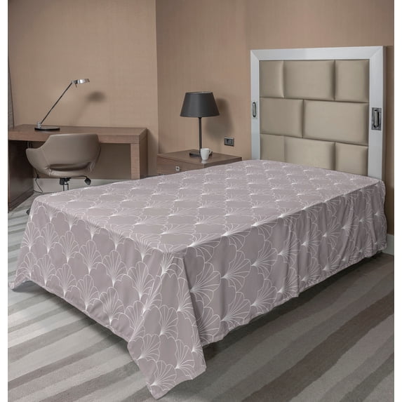 Ambesonne Art Deco Flat Bedding Sheet Soft Top Sheet, Warm Taupe Vintage Shells, Twin, Warm Taupe and White