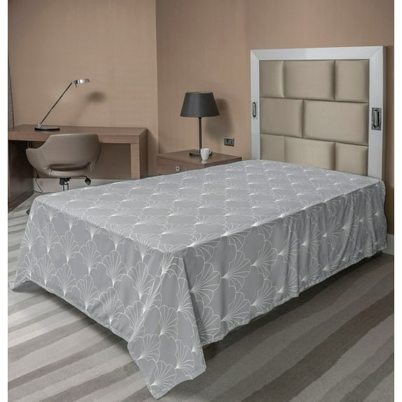 Ambesonne Art Deco Flat Bedding Sheet Soft Top Sheet, Grey White Vintage Shells, Twin XL, Grey and White