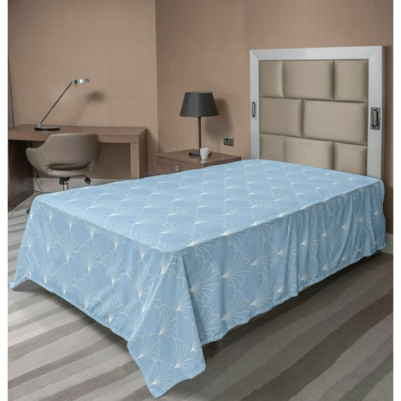 Ambesonne Art Deco Flat Bedding Sheet Soft Top Sheet, Pale Blue Vintage Shells, Twin XL, Pale Blue and White