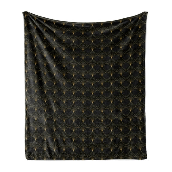 Ambesonne Art Deco Fleece Throw Blanket Black Vintage Line Shells 70"x90" Black and Sand Brown