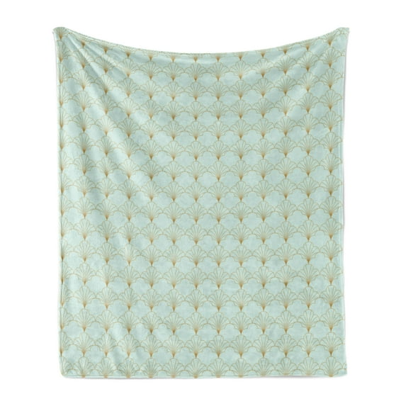 Ambesonne Art Deco Fleece Throw Blanket Minty Vintage Line Shells 70"x90" Mint Green Sand Brown