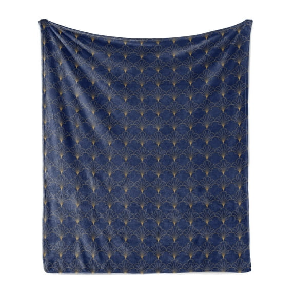 Ambesonne Art Deco Fleece Throw Blanket Navy Vintage Line Shells 50"x70" Navy Blue and Sand Brown
