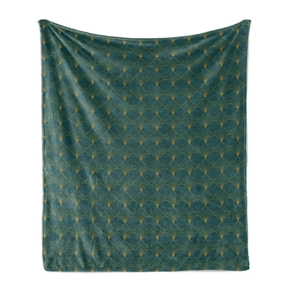 Ambesonne Art Deco Fleece Throw Blanket Teal Vintage Line Shells 60"x80" Teal and Sand Brown