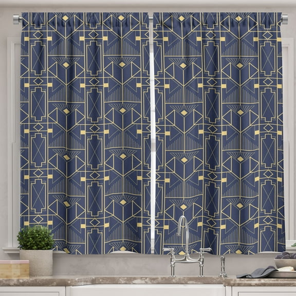 Ambesonne Art Deco Kitchen Curtains, Abstract Geometric Plot, 55"x45", Dark Indigo and Pale Camel