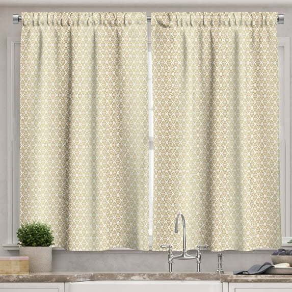 Ambesonne Art Deco Kitchen Curtains, Brownish Floral Shapes, 55"x39", Sand Brown and White