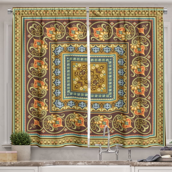 Ambesonne Art Deco Kitchen Curtains, Flowers in Squares Drawing, 55"x36", Dark Mustard and Pale Orange