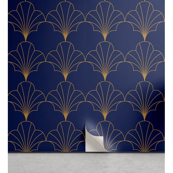 Ambesonne Art Deco Peel & Stick Wallpaper for Home, Navy Vintage Line Shells, 13"x100", Navy Blue and Sand Brown