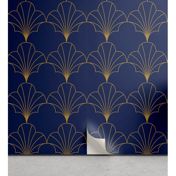 Ambesonne Art Deco Peel & Stick Wallpaper for Home, Navy Vintage Line Shells, 13"x72", Navy Blue and Sand Brown