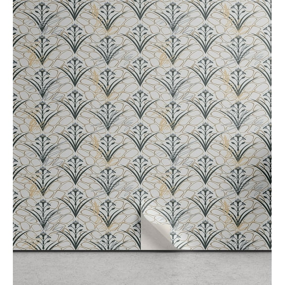 Ambesonne Art Deco Peel & Stick Wallpaper for Home, Simple Blossom Nostalgia, 13"x36", Emerald Warm Taupe Dust
