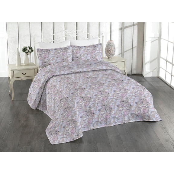 Ambesonne Art Deco Quilted Bedspread Set 3 Pcs, Curlicue Boho Jumble Art, Twin, Warm Taupe Lilac