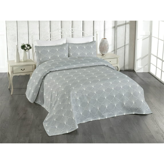 Ambesonne Art Deco Quilted Bedspread Set 3 Pcs, Grey White Vintage Shells, King, Grey and White