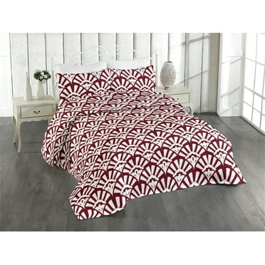 Ambesonne Art Deco Quilted Bedspread Set 3 Pcs, Lady Fan Motif Abstract, King, Maroon and White