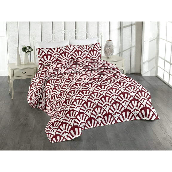 Ambesonne Art Deco Quilted Bedspread Set 3 Pcs, Lady Fan Motif Abstract, King, Maroon and White
