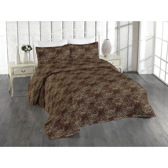 Ambesonne Art Deco Quilted Bedspread Set 3 Pcs, Lines Geometric Abstract, Queen, Chocolate Amber and Mustard