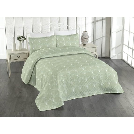 Ambesonne Art Deco Quilted Bedspread Set 3 Pcs, Pale Green Vintage Shells, King, Pale Green and White