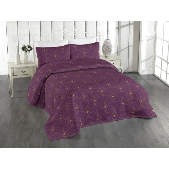 Ambesonne Art Deco Quilted Bedspread Set 3 Pcs, Plum Tone Classic Scales, Twin, Plum and Sand Brown