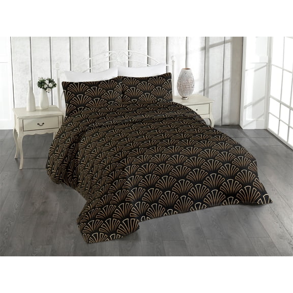 Ambesonne Art Deco Quilted Bedspread Set 3 Pcs, Shell Shapes Geometric Art, King, Brown Black and Ecru